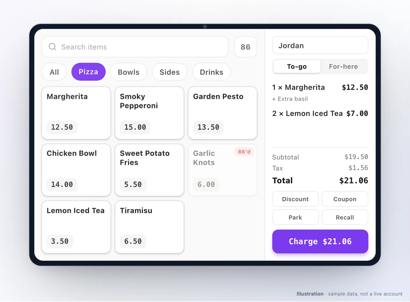 A register on a tablet. Most of the screen is a searchable grid of dish tiles with prices, one greyed out and marked as sold out. A panel down the right holds the sale being built — its lines and modifiers, a subtotal, tax, the total, buttons for a discount, a coupon, parking and recalling a sale, and a charge button carrying the amount.